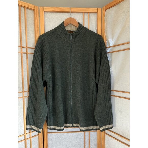 Men’s Woolrich Wool Blend Cardigan Zip Sweater, Size L Loden Green, Gray Stripe - Picture 1 of 10